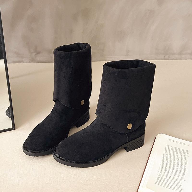 Замшевые двухсторонние ботфорты 2025 осень и зима новые уличные ковбойские сапоги с V-образным вырезом длинные рыцарские сапоги длинные сапоги женские 40 чёрный