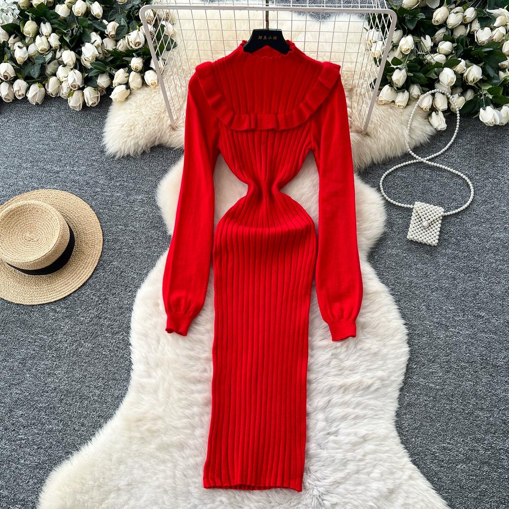 Autumn Spring Women Casual Stand Collar Full Sleeve Long Midi Knitted Sweater Pullover Dresses
