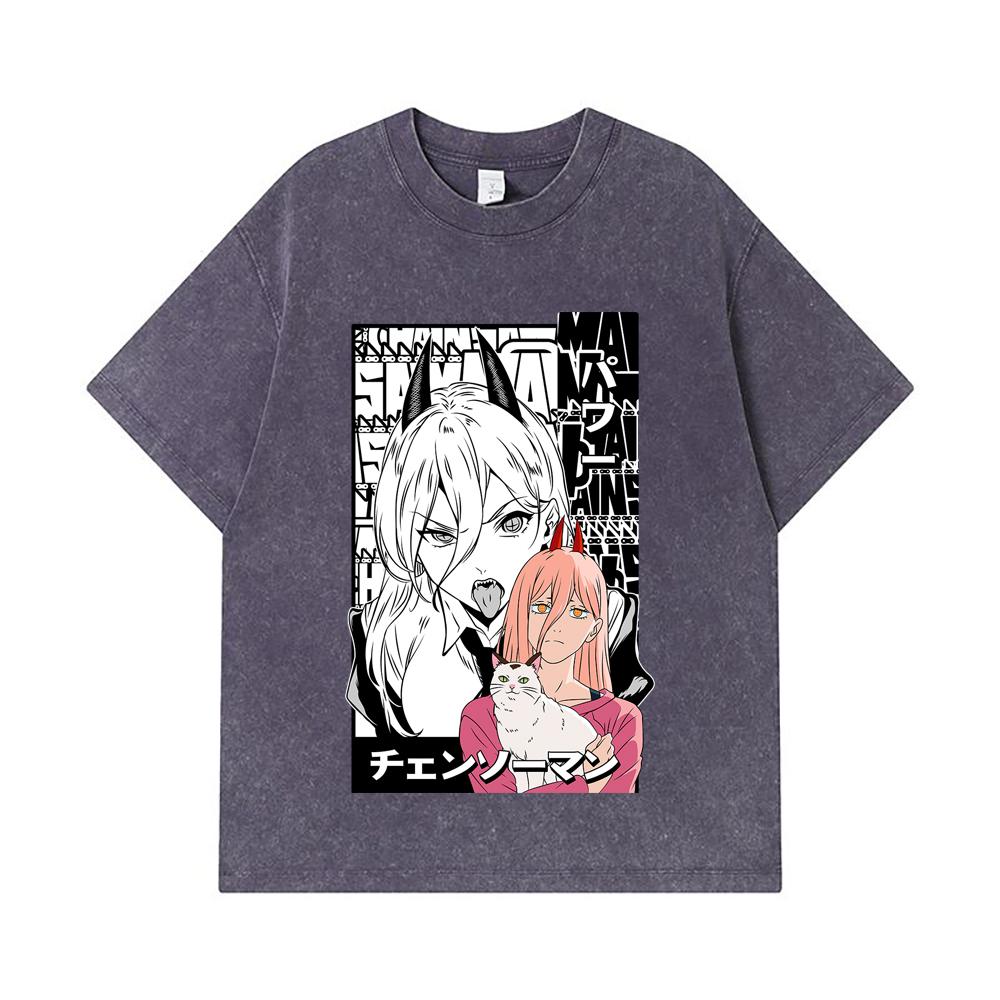 275 GSM Washed T-shirts 100% Cotton Chainsaw Man V57 Power Print Unisex Heavy Cotton T Shirt