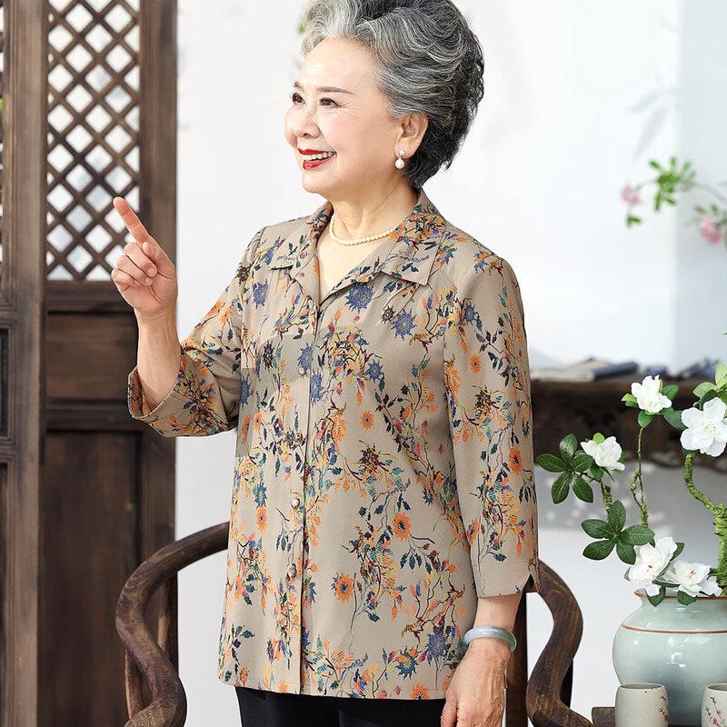 Elderly Women s Embroidered Lapel Seven-Quarter Sleeve Shirt XL (90-110 catties)