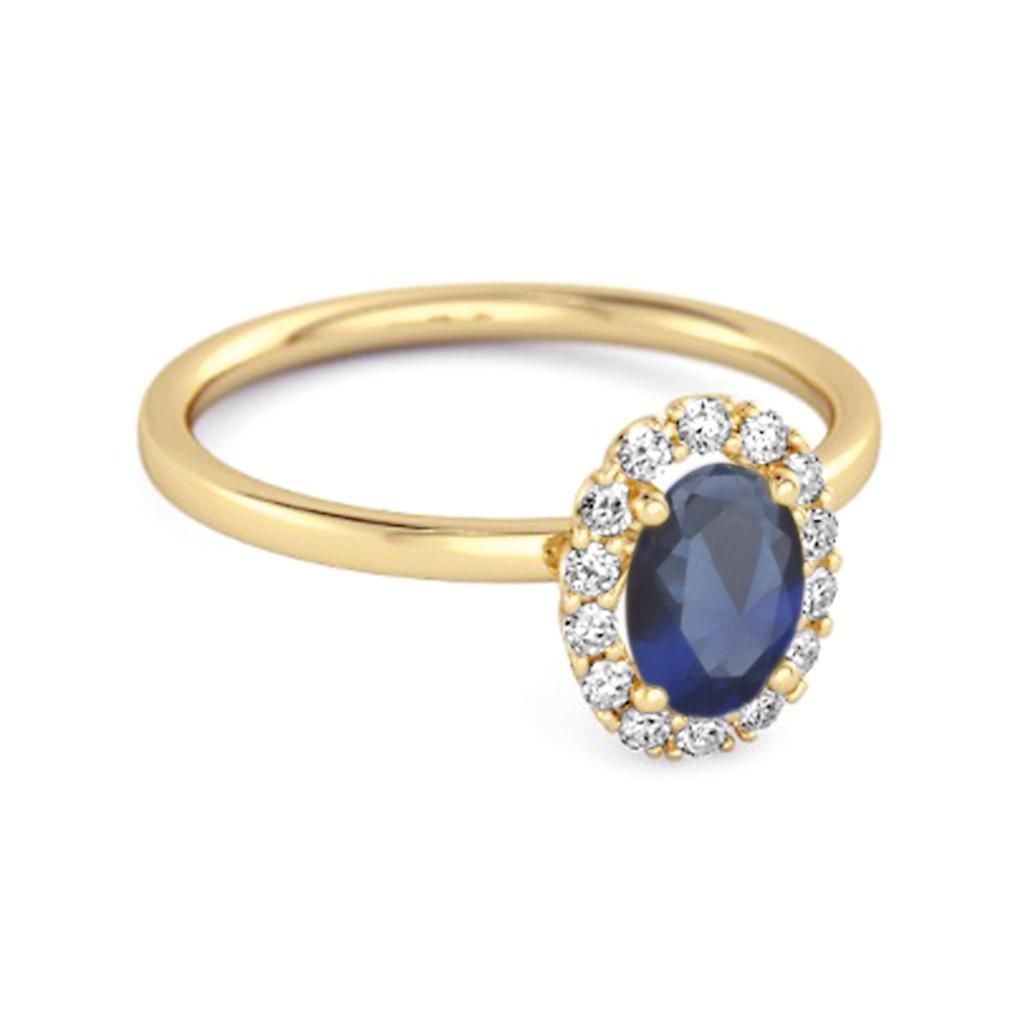 Blauer Saphir Solitär Ring mit Halo-Akzenten - 925 Sterlingsilber Gold Vermeil