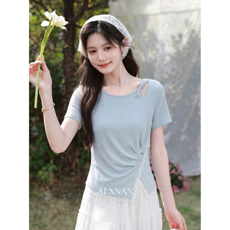 Lu Xiangnan Designer Blue Cinched Waist Short Sleeve T-Shirt M