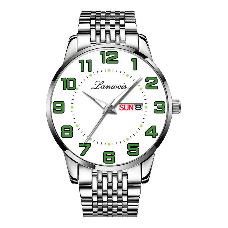 Men's Large Dial Digital Quartz Watch, Steel Band, Dual Calendar In English & Chinese, Waterproof - Ideal for Seniors