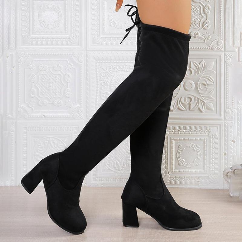 Women's Shoes, Over-the-knee Boots, Women's Boots, Thick Heels with LACES At The Back, High Heels, Round Toe