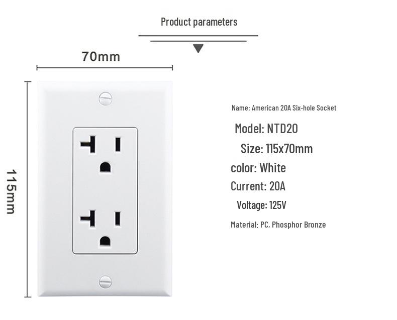 US Certified 20A NEMA 5-20R Double Gang Power Outlet
