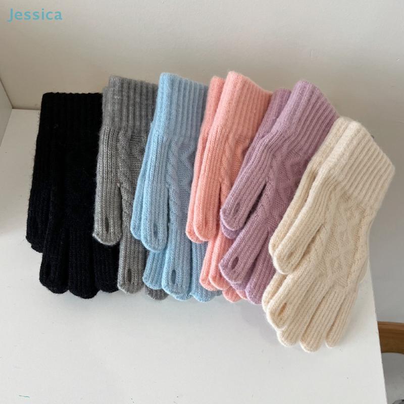 Trendy Knitting Warm Gloves Thicken Touch Screen Mittens Elastic Solid Color All Finger Gloves For Women Girls