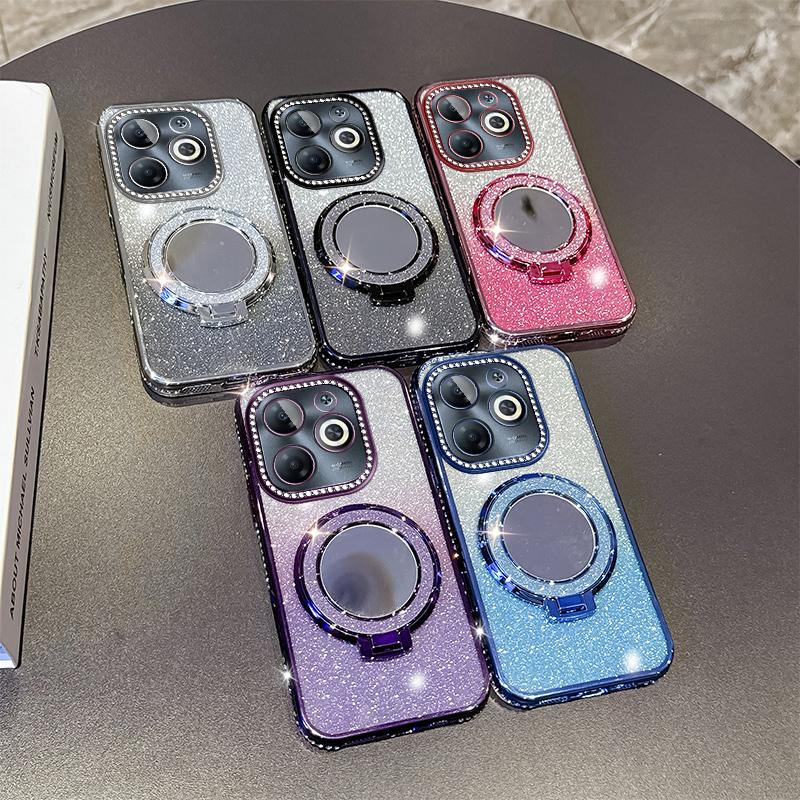 KEYSION Luxury Glitter Jewelled Magnetic Phone Case for TECNO Spark Go 2023 20 20C Pop 8 Makeup Mirror Stand Shockproof Cover