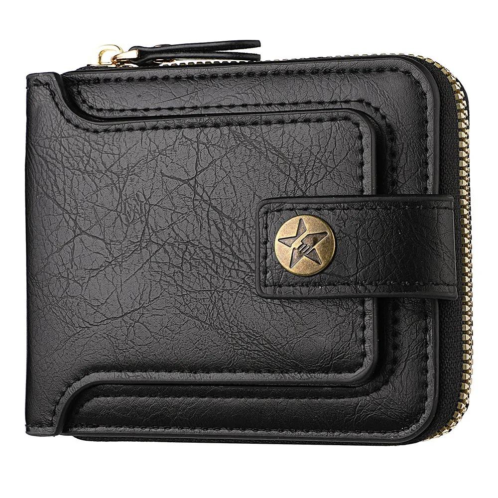 

Винтажный мужской кошелек из искусственной кожи, небольшой, с горизонтальной застежкой-молнией, карманом для монет, тройным сложением, модный многофункциональный кошелек, сумка для карт чёрный