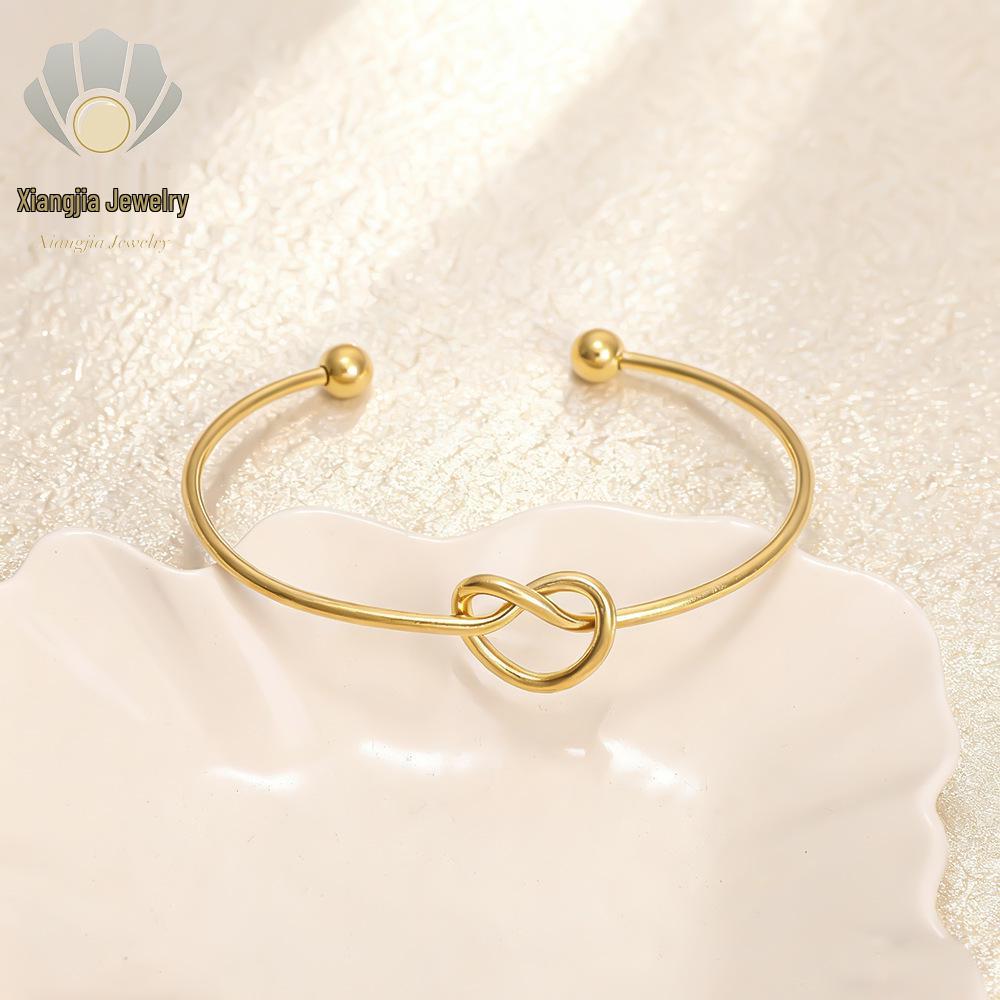Cross-Border Love Knot Titanium Bangle - Versatile Peach Heart Open Bracelet, Vacuum-Plated Stainless Steel Jewelry