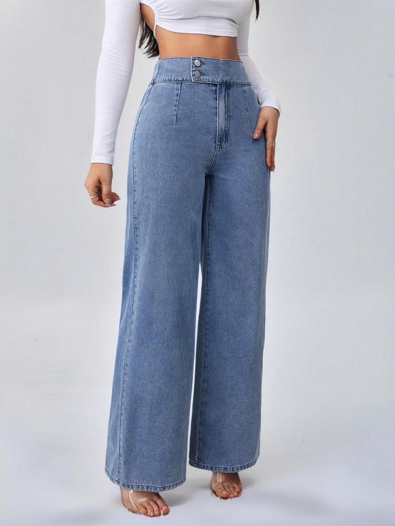 Heißer Artikel! Damen High Waist Lässige Lockere Weite Bein Jeans - Blau