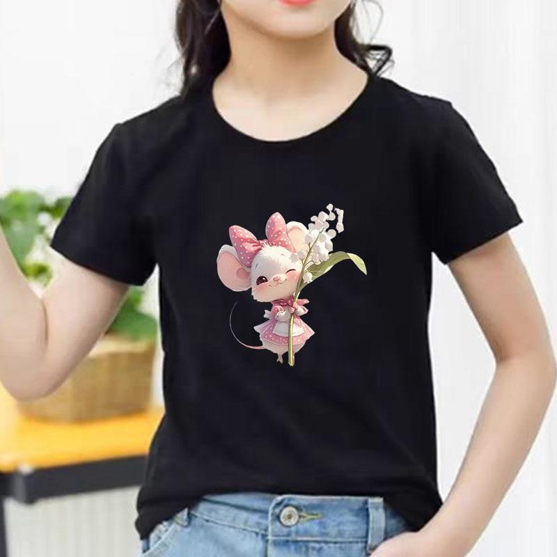 Kids Cotton T Shirt Sweet Mouse With Lily Flower Print Crew Neck Short Sleeve Tee Casual Boys Girls Summer Tops