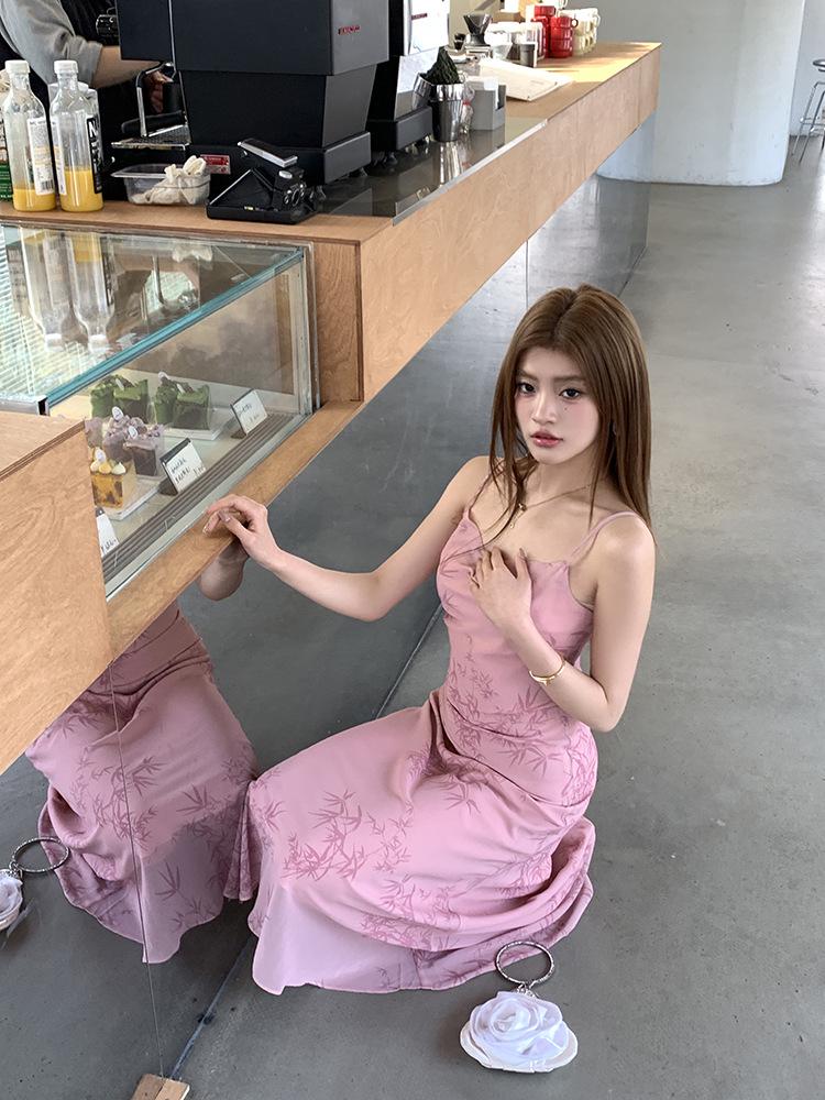 2026 Spring/Summer Pink Bamboo Rhyme Spaghetti Strap Long Dress for Women