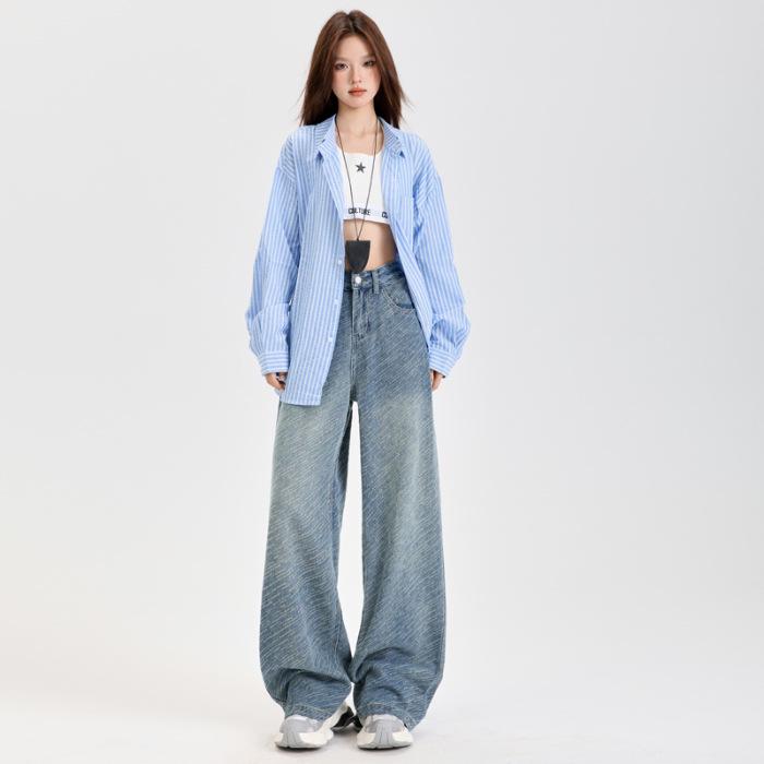 

Meteor Pattern 2025 Women s Loose Wide-Leg Drapey Straight Jeans - Korean Style Autumn Slimming Jacquard Pants XS