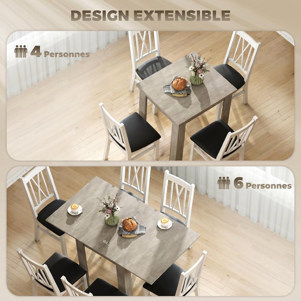 Extendable rectangular dining table for 4 to 6 people, kitchen table 70-140 cm, felt pads, gray