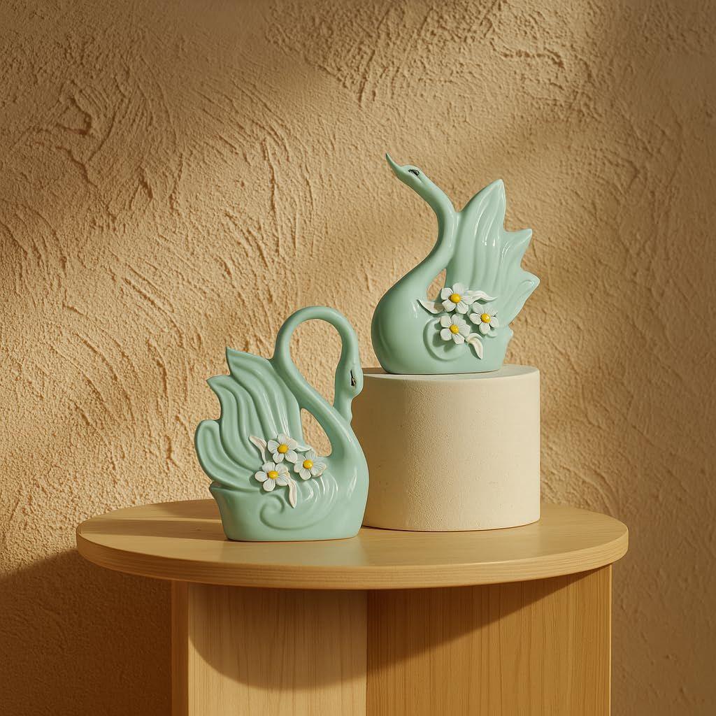 Niedliche luxuriöse hellgrüne Schwanenpaar-Keramik-Kunstfigur | Schöne Wohndekoration (2er-Pack, Hellgrün)