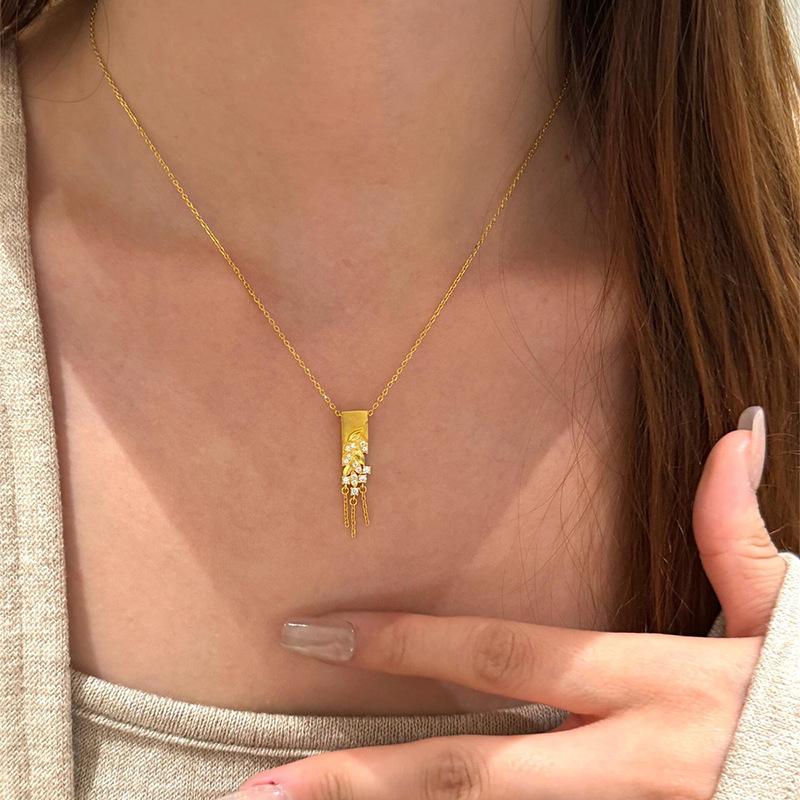 New Chinese style cold zircon square wheat ear tassel necklace accessories women's exquisite sweater chain necklace