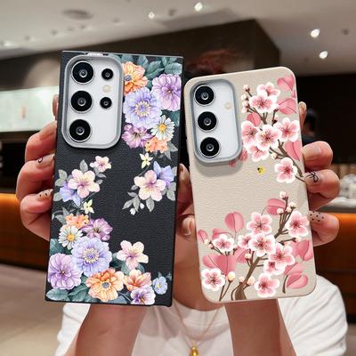 Color Floral Print Matte Leather Texture Phone Case For Samsung S25 S24 FE S23 Ultra S22 S21 A16 A56 A36 A15 A55 A35 Soft Slim TPU Shockproof  Cover