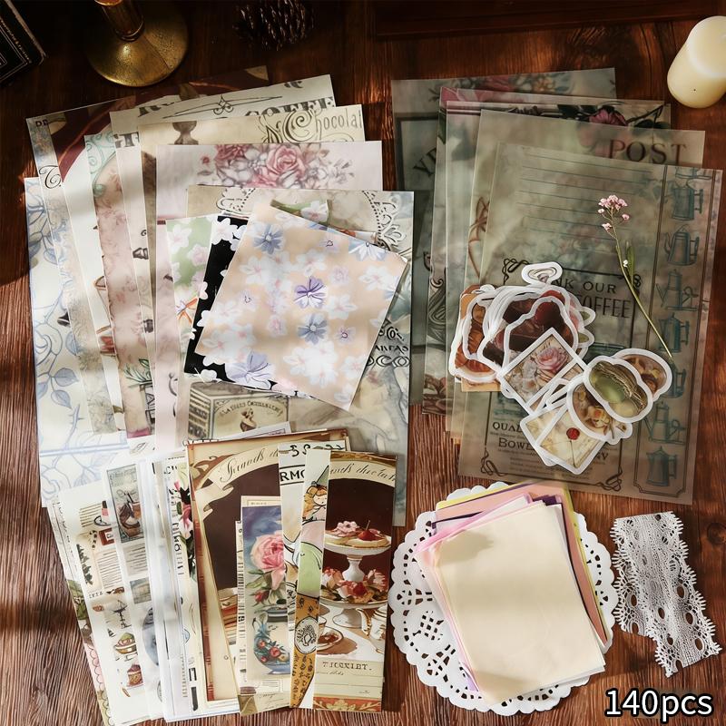 Vintage Scrapbook Stickers Set 140 Sheets Mixed Paper Material, Handmade Journal Supplies Perfect DIY Crafts and Bullet Journals