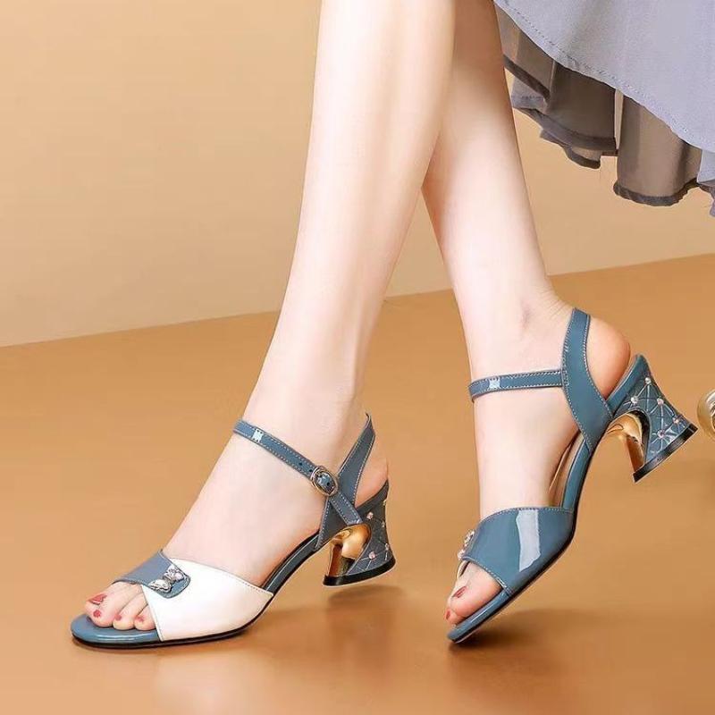 Letní sandály silný podpatek čtvercová špička módní univerzální prošívané flitry dámské boty