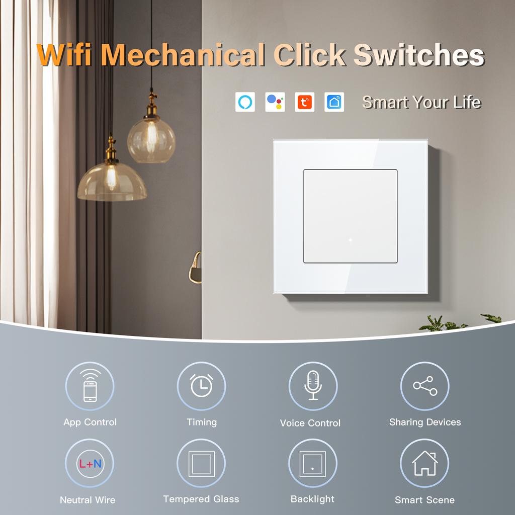 BSEED Wifi Wall Smart Switches 1/2/3/4Gang Mechanical Click Buttons Tuya Smart Life App With EU Power Sockets USB Glass Frames