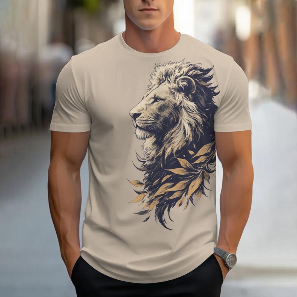 Men's Summer Fashion Lion T-shirt Men's Casual Breathable Short Sleeve Round Neck Printed Street Personalized Top