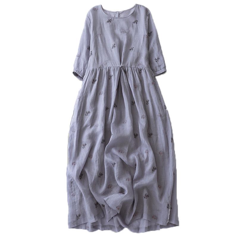2025 summer new loose large size big swing dress children embroidered round neck seven-quarter sleeve cotton and linen dress