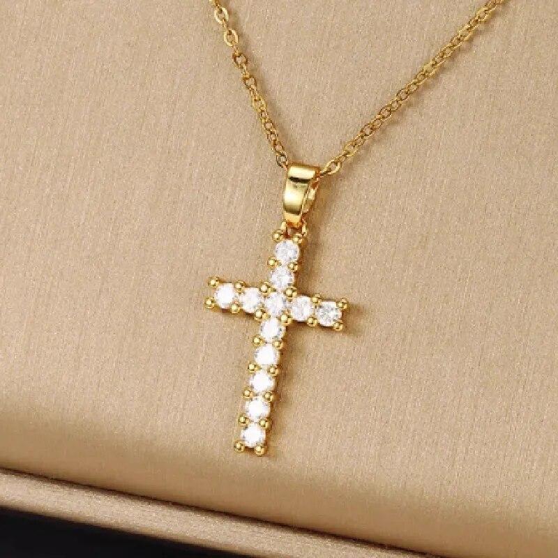1 Pcs Luxury Cool Wind Cross Gold Plated Copper Pendant With Stainless Steel Chain Combination Of Collarbone Necklace