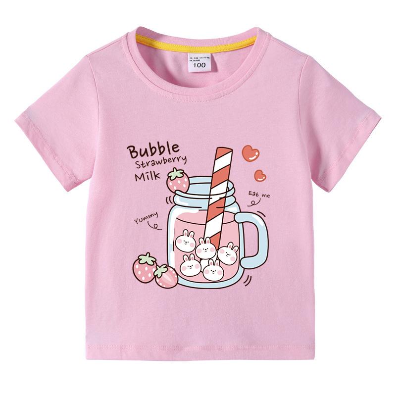 Girls TShirt Bubble Strawberry Milk Print Short Sleeve Tee Cute Cartoon Summer Casual Tops for Kids Children