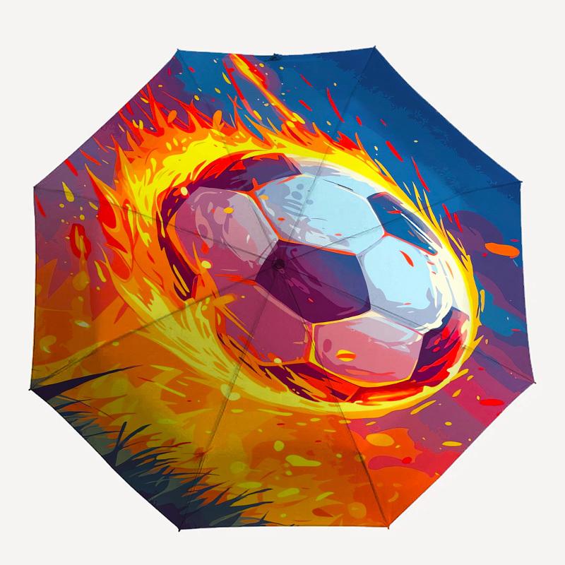 Soccer Ball, Flame Effect- Automatic Umbrella, Four Seasons Portable Folding Umbrella, Suitable for Men and Women, Travel, Daily Compact Umb
