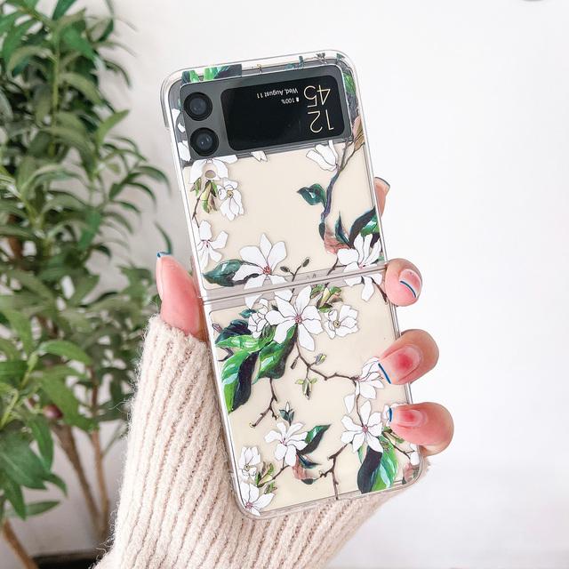 For Samsung Galaxy Z Flip 4 3 Case Vintage Flowers Painted Transparent Shockproof Hard Back Cover For Samsung Zflip4 Zflip3 Case
