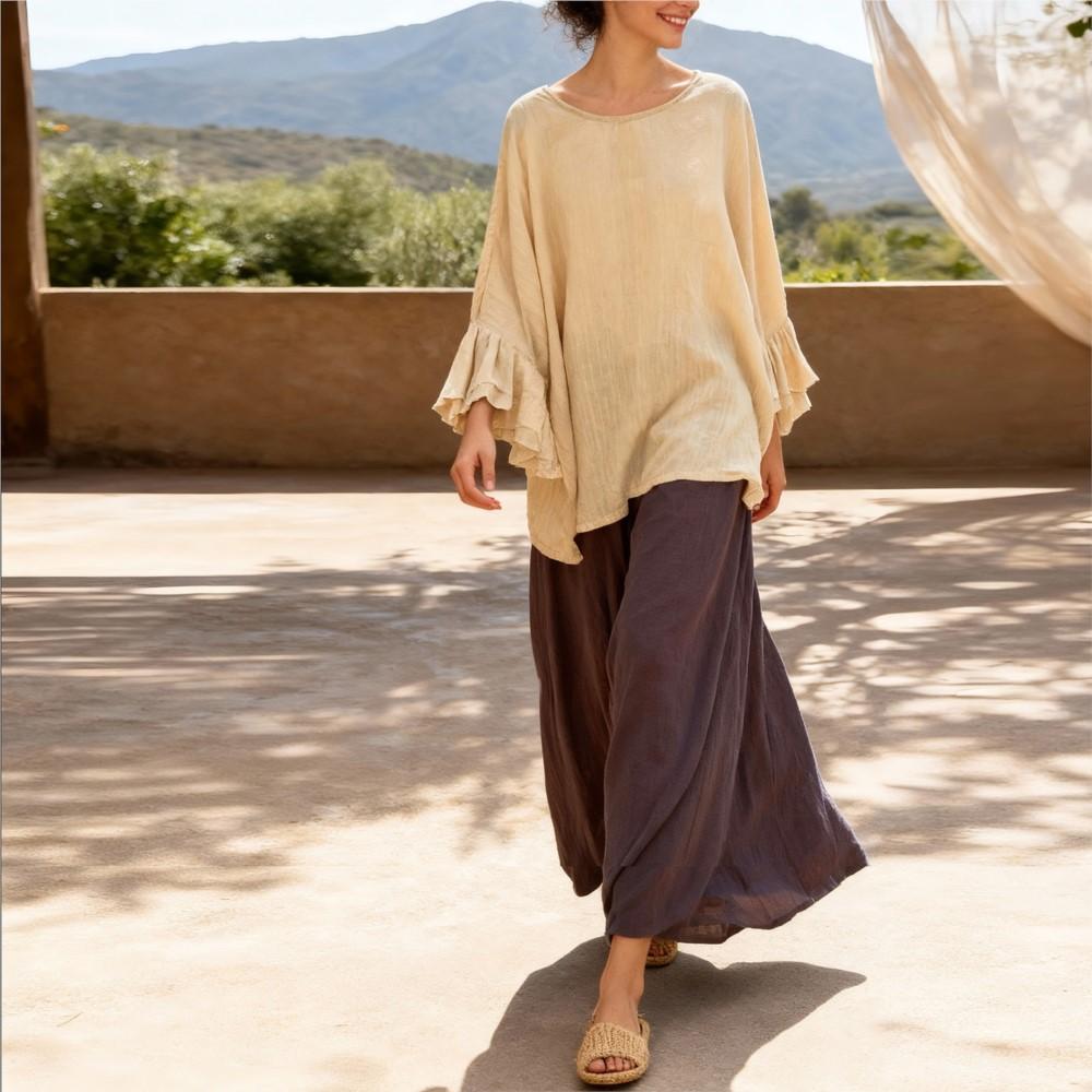 Johnature Women Vintage T-Shirts Spring Chinese Style Solid Color Butterfly Sleeve T-Shirts