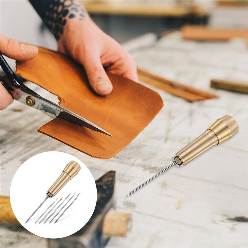 Aug. 9Pcs Leather Sewing Awl Kit With Copper Handle With 6 Needles For Leather Craft Needle Kit Shoe Repair Tool