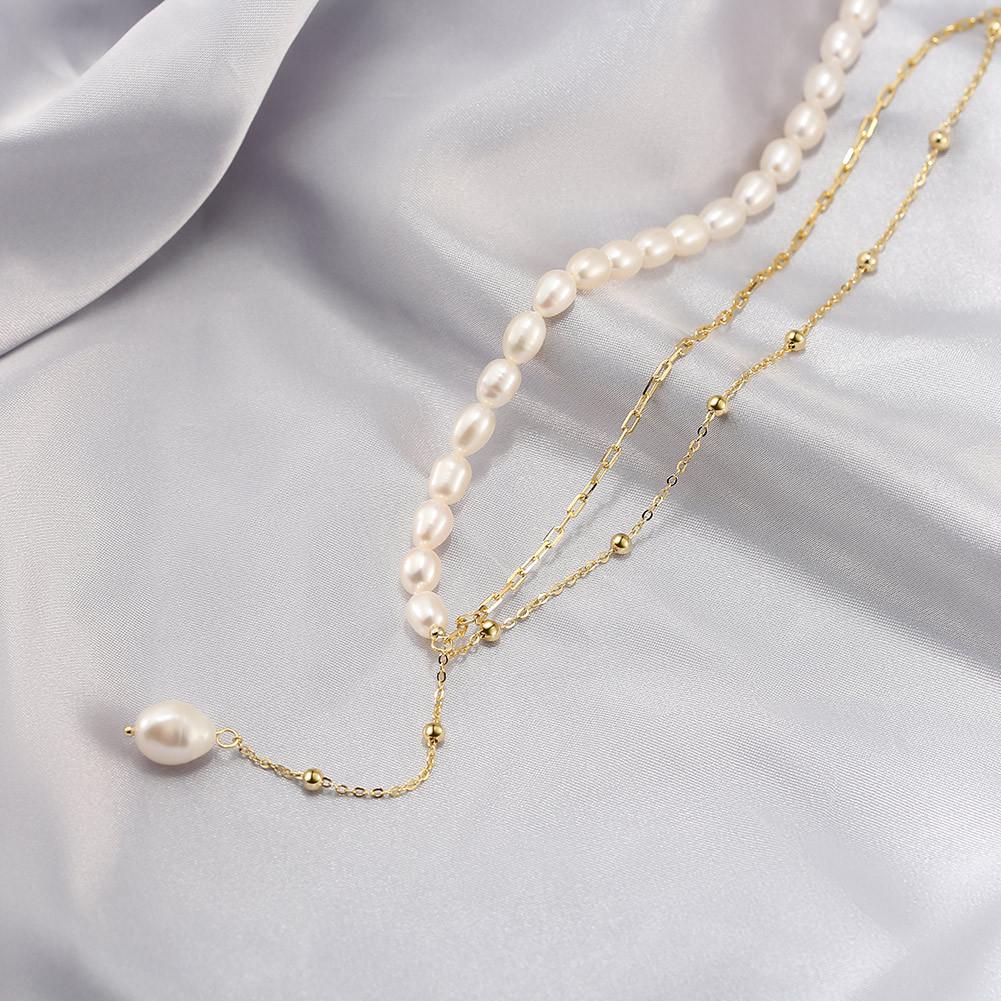French Retro Double Layer Freshwater Pearl Pendant Necklace, 14K Gold Plated Artistic Style with 925 Silver Chain