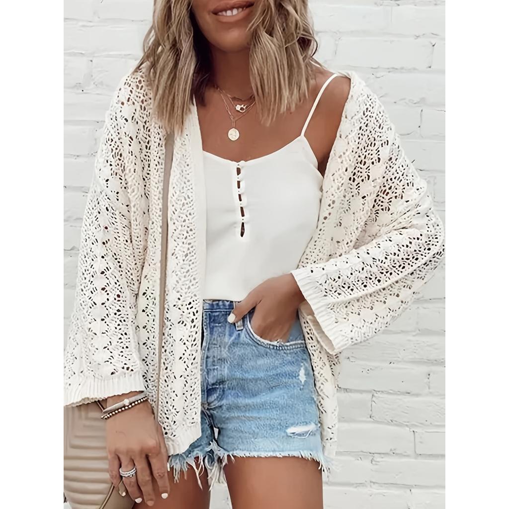 Plus Size Women's Summer Solid Color Hollow Out Knitted Open Front Cardigan Casual Loose Beach Holiday Cover Up