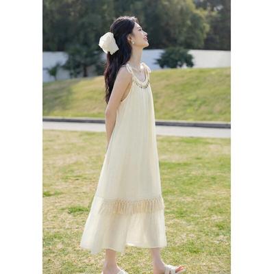 Boho Tassel Tie-Waist Midi Strap Dress