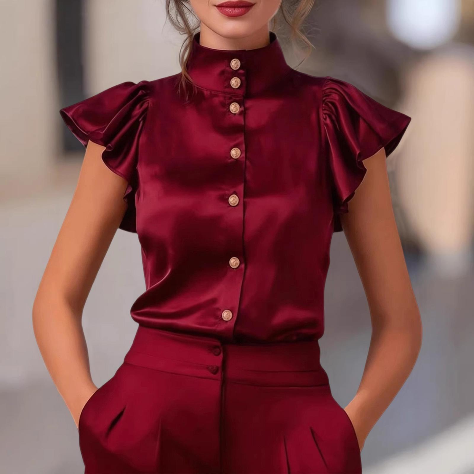 

Women Satin Blouse Stand Collar Ruffle Sleeve Button Down Shirt Office Workwear Elegant Silky Top XL винний