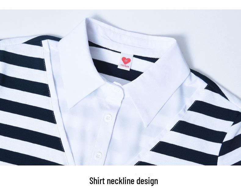 Damen Sommer Locker Geschnittenes Poloshirt mit Kragen – Fake Zweiteiler, Gestreift, Kurzarm, Reine Baumwolle