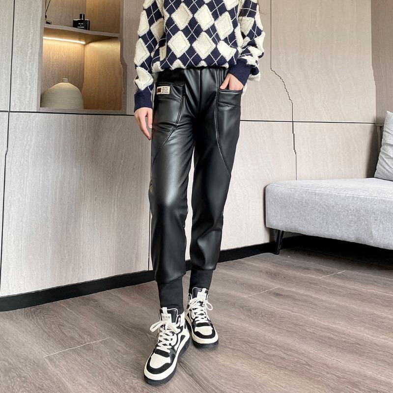 

Кожаные брюки из овечьей шерсти, повседневные брюки, женские зимние бархатные утепленные, верхняя одежда с карманами, с высокой талией, цельные брюки, термобрюки, хлопковые брюки XXL