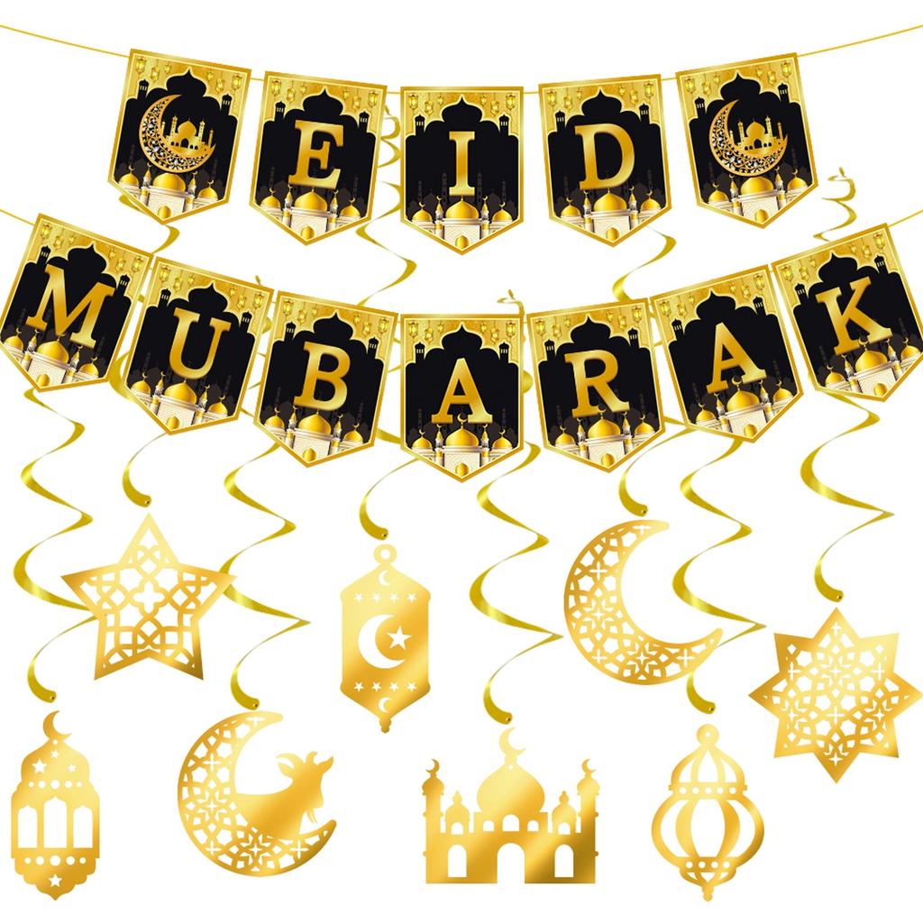 Eid Mubarak Banner Eid Muburak Dekorationen Stern Mond Laterne Hängende Wirbel Ramadan Partyzubehör für Heimdekorationen
