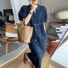 French Vintage Washed Denim Dress Women Slimming Pear Shape Body Casual V-neck Mini Dress Short Sleeve Empire Waist