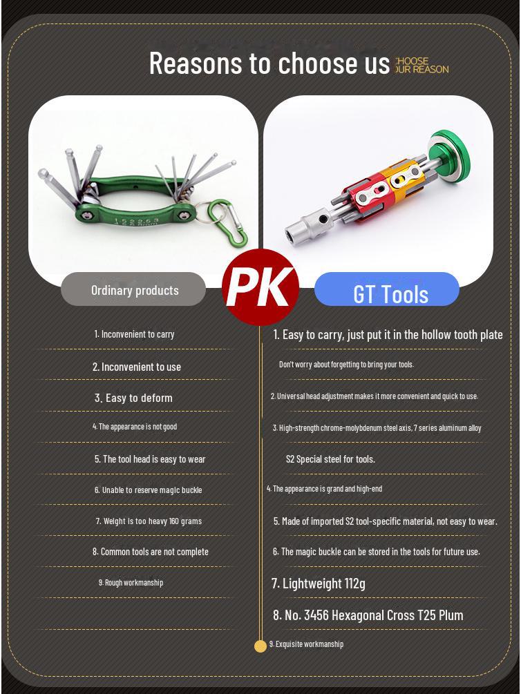 Oyuk Şaft ve T25 Altıgen Anahtar ile Kompakt Bisiklet Çok Amaçlı Aleti
