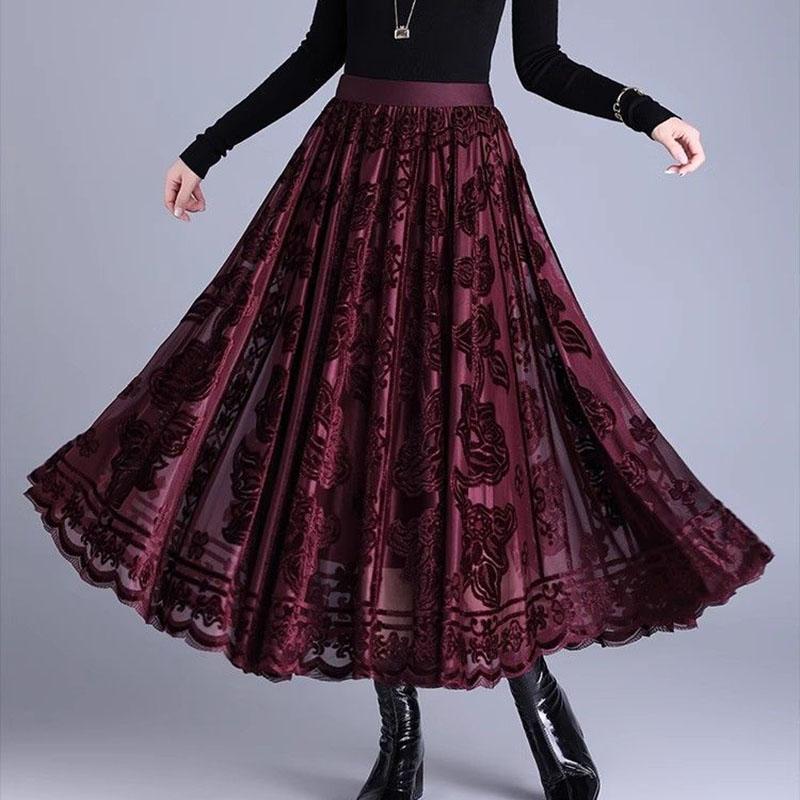 Women's Mesh Flocked Skirt Wide Flare High-Waisted Elastic Waist Gold Velvet Skirt A-line Pleated Skirt