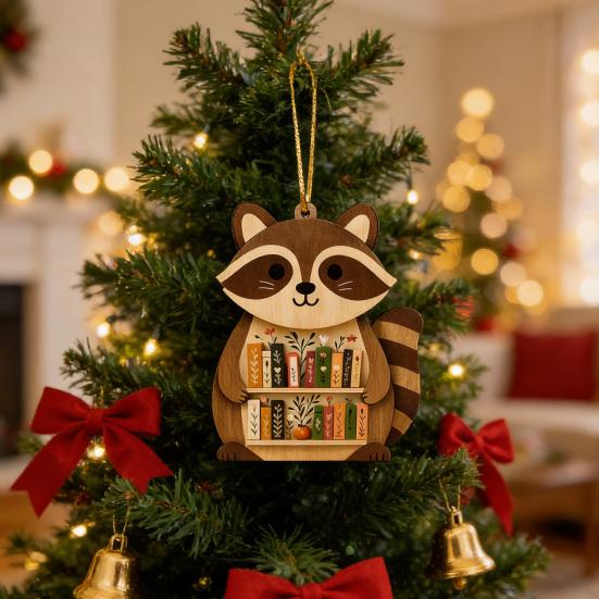 Wooden Bookshelf Ornament Animal Shaped Bookshelf Christmas Ornament Owl/Highland Cow/Elephant Figurine Bookish Gifts for Book Lovers Readers