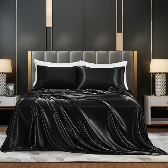 Glossy Satin Sheets Solid Color Pillowcases Sheet Fitted Sheet Cooling Wrinkle-Free Silky