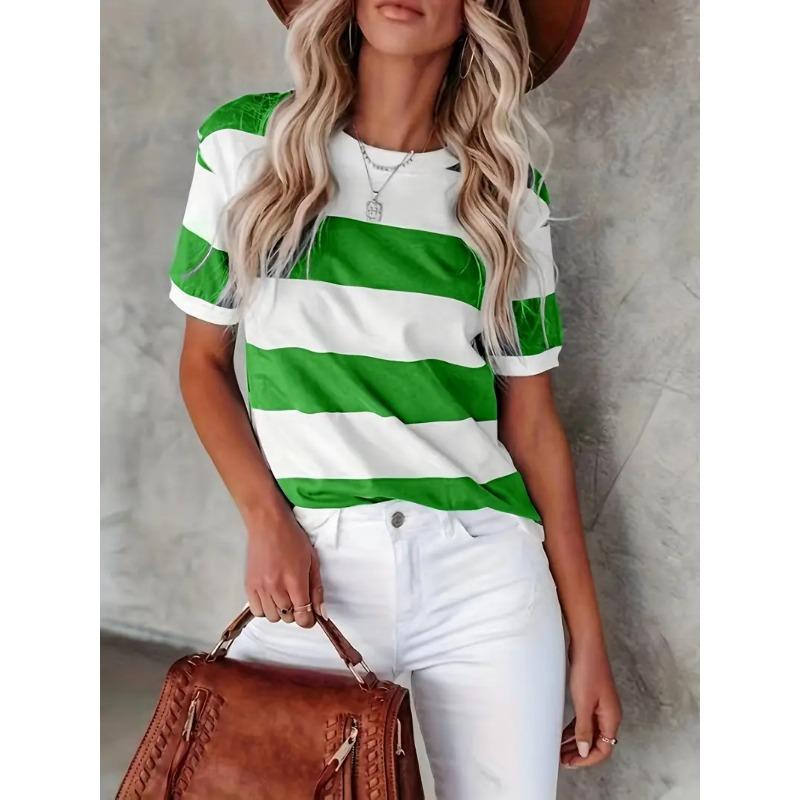 

Футболка в смужку з коротким рукавом, повсякденний топ з круглим вирізом для літа та весни, жіночий одяг S зелений