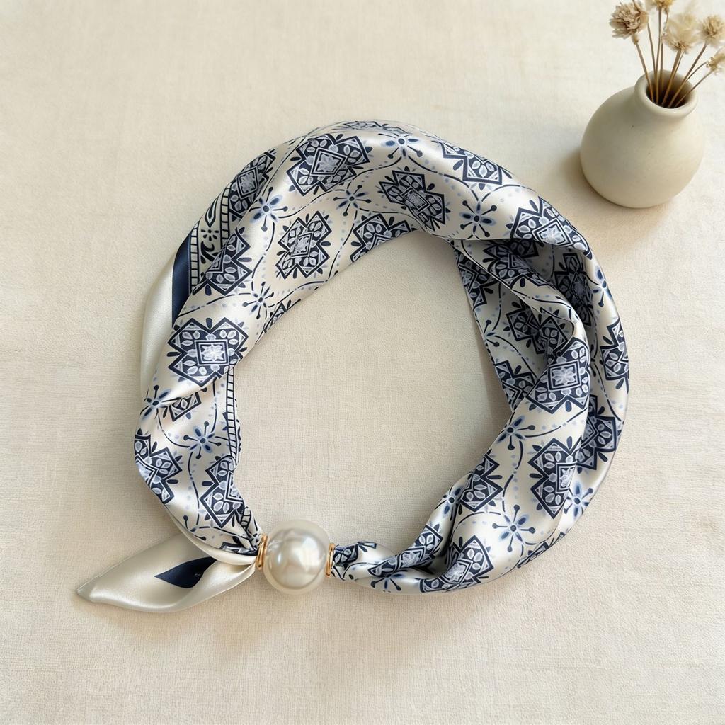 Scarf Magnetic Silk Collarbone Pearl Neck Scarf Thin Lazy Pendant Chain Buckle Bandana Handkerchief Foulards Femme Accesories