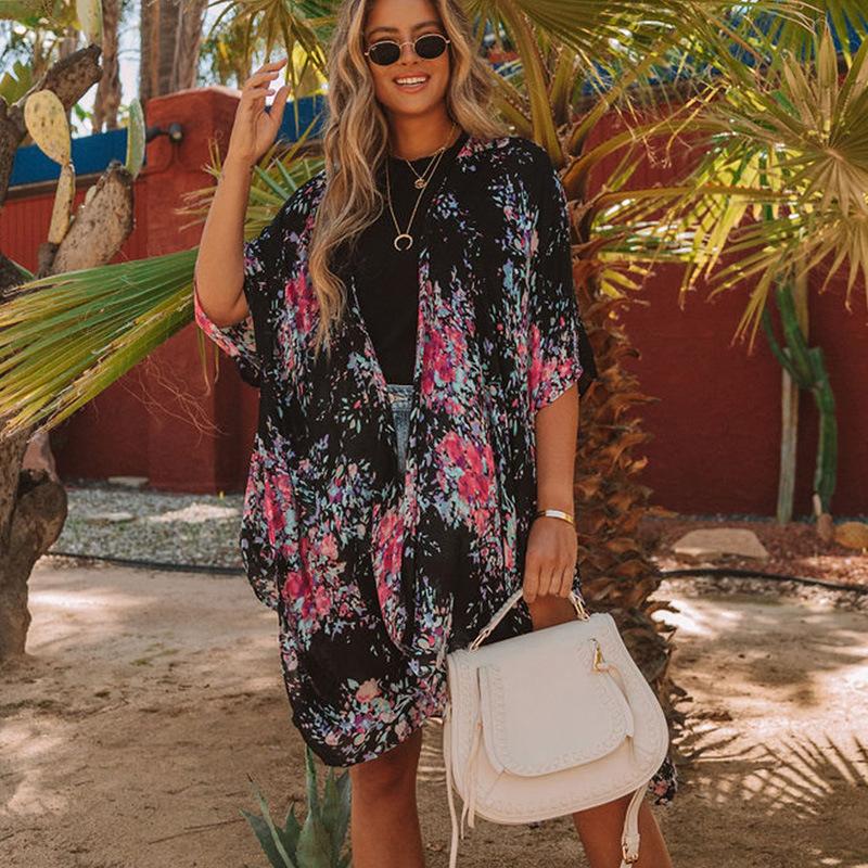 Letní prázdninové plážové košilové šaty s vintage tištěným děleným kardiganem