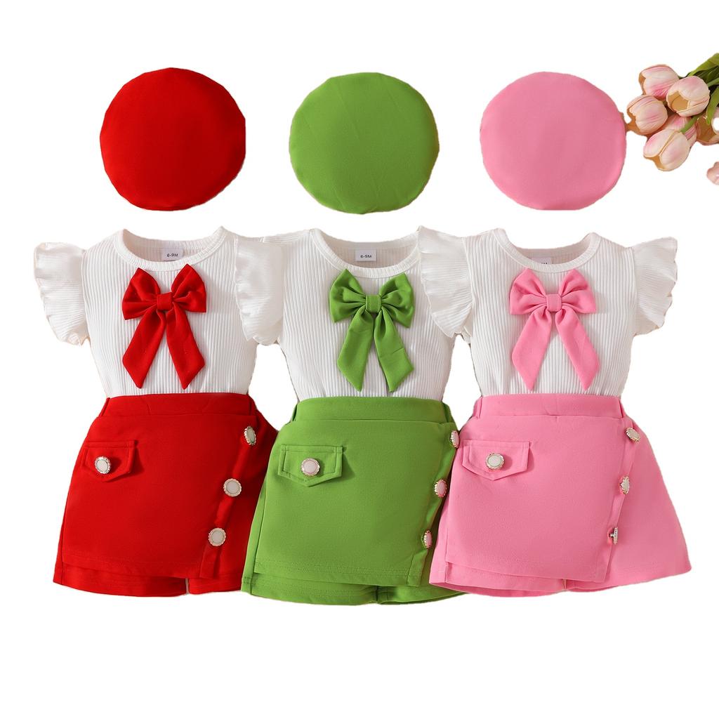2026 LY New Casual Breathable Kids Clothes Girls Sleeveless Ruffled Top Large Bow Buttoned Skirt-Pants Beret Hat Clothing Set