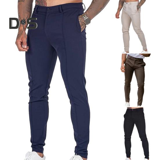 Herren-Hosen, schmale Passform, einfarbig, mittlere Taille, weich, dünn, atmungsaktiv, Schrägtaschen, knöchellang, Knopf, Reißverschluss, lange Herren-Business-Hose