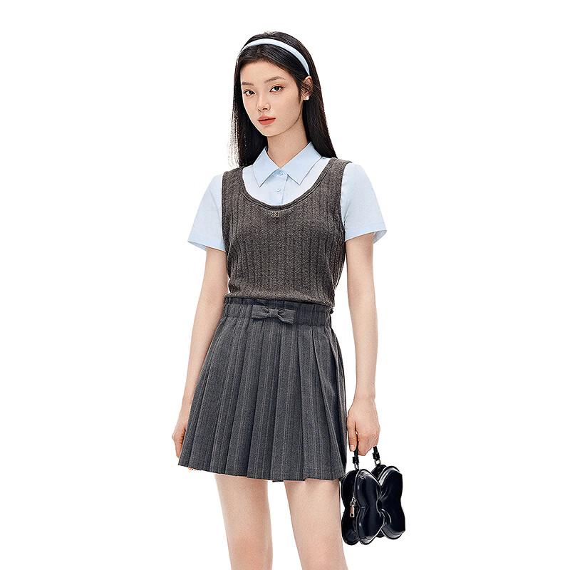 Ledin Fake Two-Piece Textured Knit Short Sleeve Top L